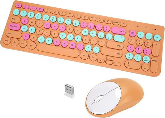 Wireless Keyboard and Mouse Combo, Retro Typewriter Keyboard with Round Keycaps, 2.4GHz USB Cute Wireless Keyboard Mouse for Computer, Desktop, Laptop and Computer (Orange Colorful)