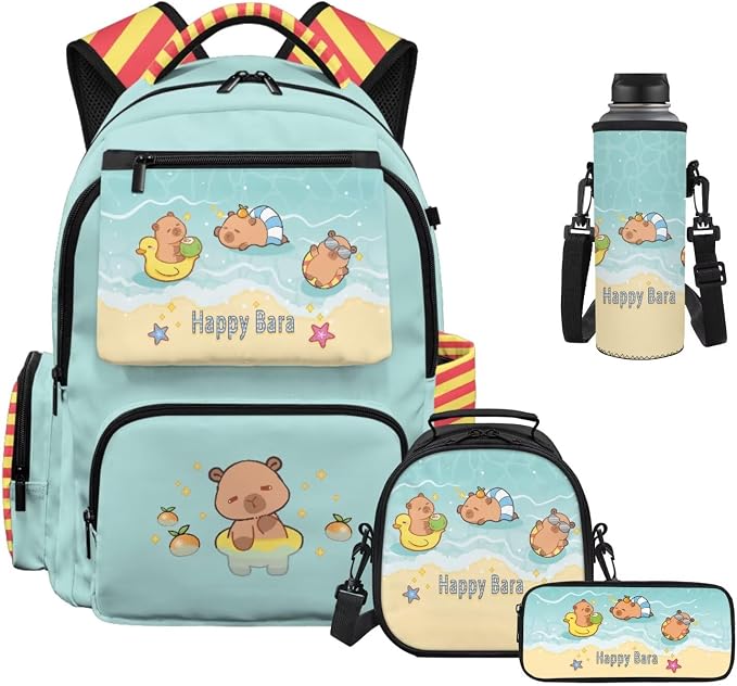 WELLFLYHOM Capybara 17 Inch School Backpack Set for Girls 8-12 Beach 4 in 1 Book Bag with Lunch Box Pencil Pen Case Water Bottle Sleeve for Junior High School Students