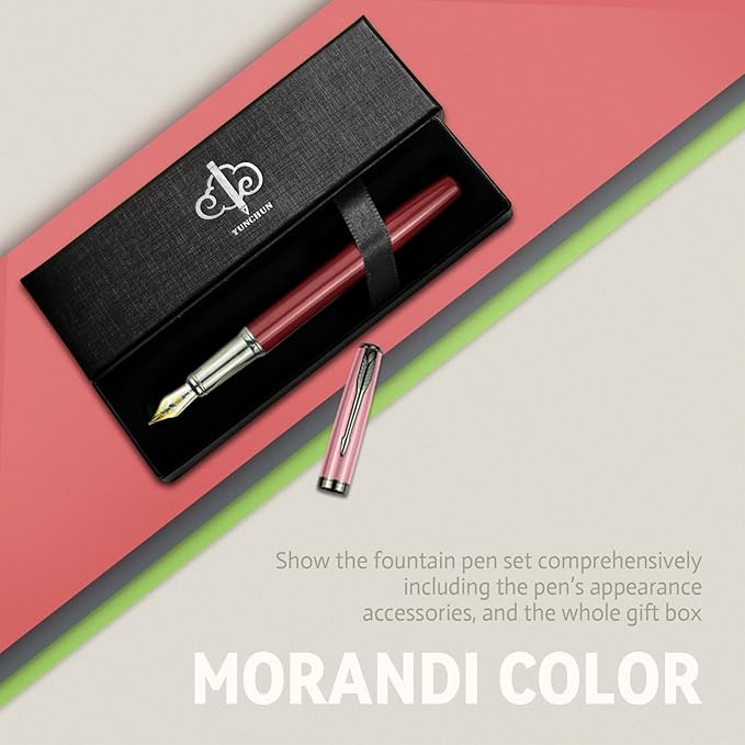 YUNCHUN Fountain Pens Set for Writing, Fancy Medium Nib Ink Pens of Morandi Color with 5 Black and 5 Blue Refills Cartridges, Best Pen Gift Set for Men & Women, Office Professional Pen for Work, Pink