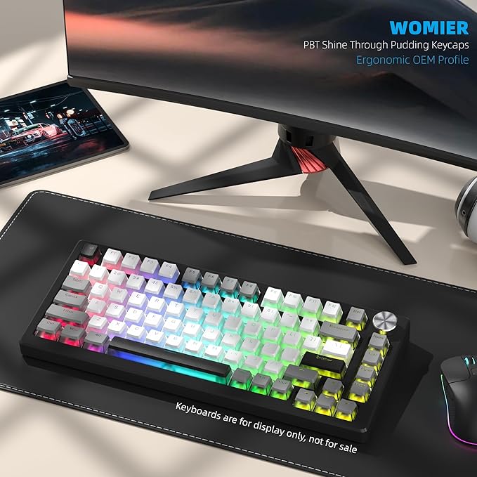 Womier PBT Shine Through Keycaps for Mechanical Keyboard, Pudding Keycaps 60% 75% 100% Keyboard 143 Keys, Custom Keycap Set OEM Profile for Gateron Cherry MX Switches, Gray White-Only Key caps