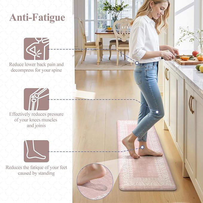 LEEVAN Anti Fatigue Kitchen Mats for Floor, Cushioned Kitchen Mat Set 2PCS | 17.3"x29"+17.3"x47", Boho Floral Pink Kitchen Rugs Non-Slip, Waterproof Ergonomic Standing Mats for Laundry, Office & Sink