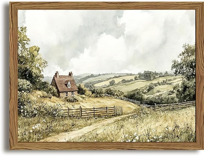 Framed Vintage Canvas Wall Art, Cottage Landscape Wall Decor Paintings, Rustic Farmhouse Pictures Prints Aesthetic Home Decor for Living Room Bedroom Bathroom 8x10 inch