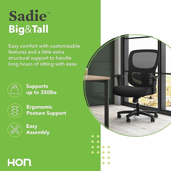HON Sadie Big and Tall Ergonomic Office Chair, Heavy Duty Desk Chair, Black | Big and tall ergonomic office desk chair for desk work, lumbar support, adjustable arms, mesh comfort, 350 lb capacity