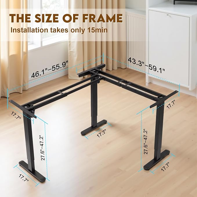 TOPSKY Dual Motor Height Adjustable L-Shaped Desk Frame, 270 lbs Capacity, Supports Multiple Monitors, Black 3-Leg Standing/Sitting Base for Home & Office, DF03.02 (Frame Only)