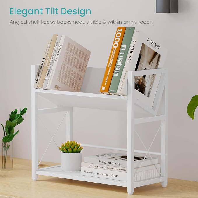 ELITEROO Desktop Bookshelf Organizer, 2 Tier Wood Desk Shelf for Tabletop Storage, Small Book Rack for Office, Home, or Study, Mini Bookcase for Book Display, Decor, and Supplies, White