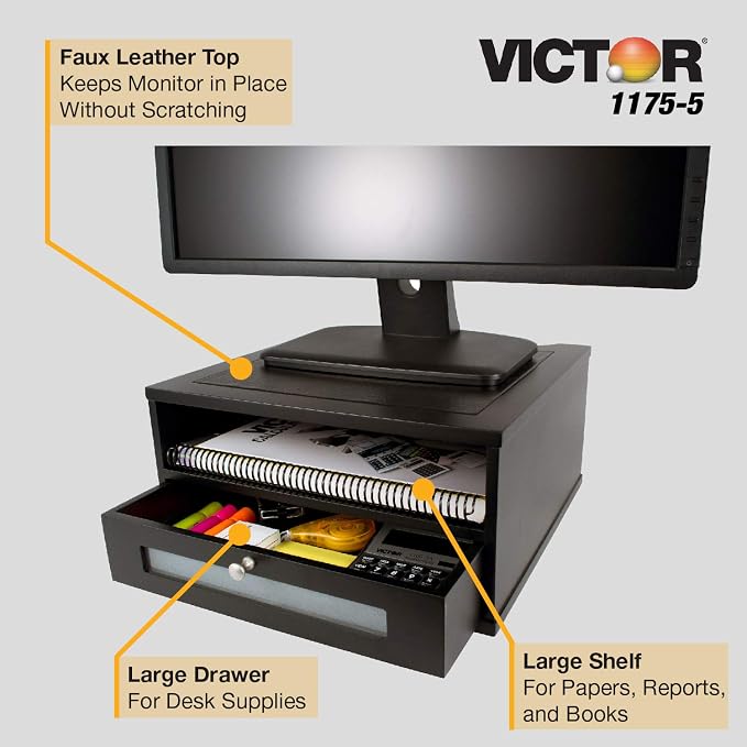 Victor Midnight Black Collection Monitor Riser, 13" X 13" X 6.5", Black, Supports 50 Lbs