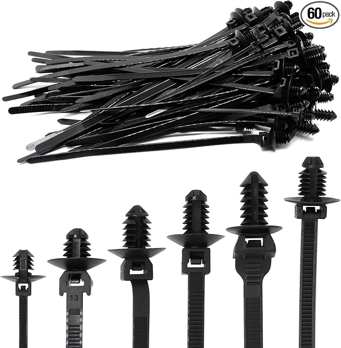 60 PCS Push Mount Zip Ties, Nylon Car Mount Wire Ties Snap in Cable Zip Ties, Black Push Mount Cable Ties Automotive Zip Ties Fastener Wire Harness Clips for Wire Tying (6-Types)