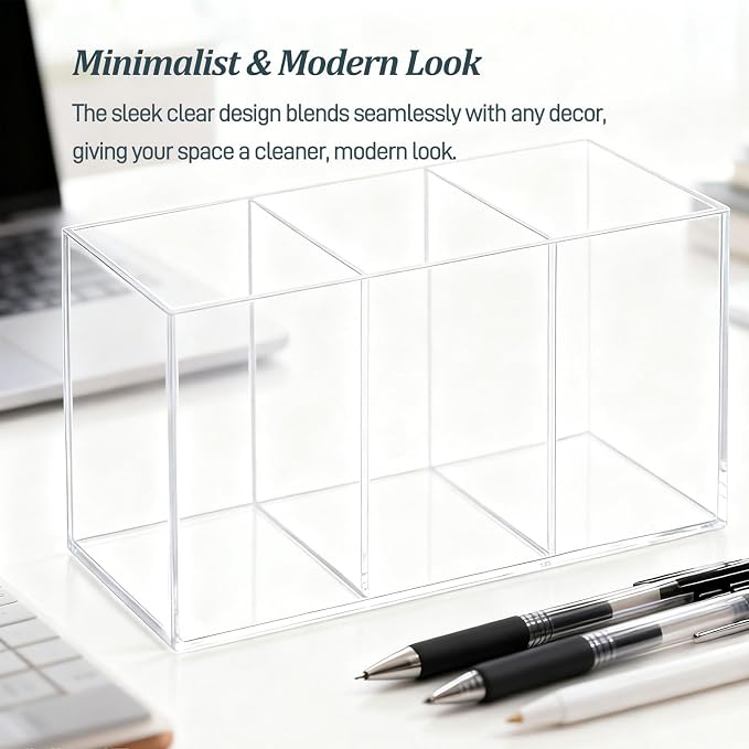 Clear Acrylic 3-Section Pen Organizer Caddy, Desktop Storage Holder for Office Supplies, Utensils, Makeup, and Home Use