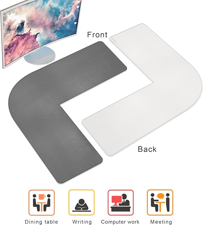 Chihein L-Shaped PU Leather Desk Pad (41.3” + 41.3”) x 12.99”(Gray/White), Reversible Gaming Corner Desk Mat, Computer Office Mouse Pad for Home Office