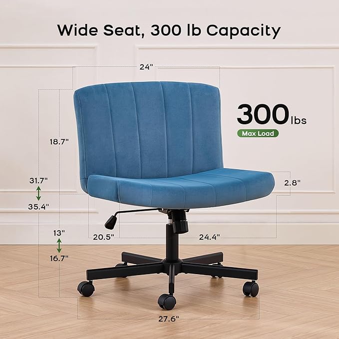 LukkDys Criss Cross Chair with Wheels, Wide Cross Legged Desk Chair, Comfy Fabric Vanity Chair for Home Office Bedroom, Adjustable Armless Swivel Task Chair with 90–115° Tilt, Denim Blue