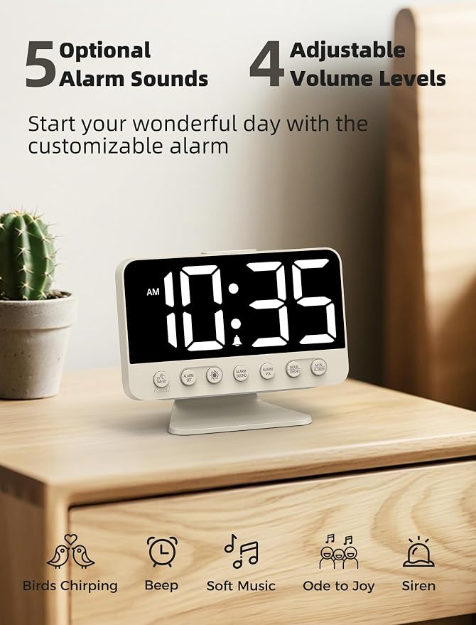 Odokee Digital Alarm Clocks for Bedrooms with Large Bold Number | Electric Desk Clock with Night Light & Brightness Dimmer - Loud Alarm for Heavy Sleepers with Adjustable Volume - Putty