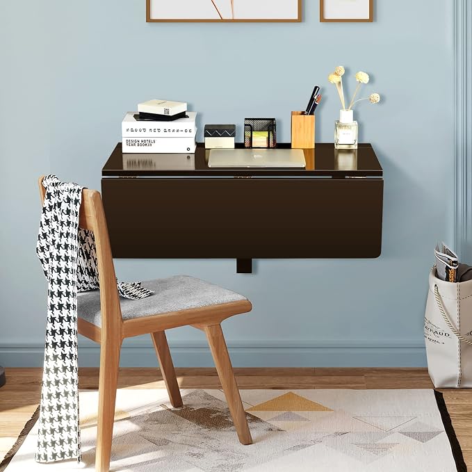 COSTWAY Wall Mounted Folding Table, 31.5" x 23.5" Drop-Leaf Floating Writing Desk for Small Spaces, Space-Saving Fold Down Laptop Workstation for Kitchen, Bedroom, Laundry Room, Study Room (Brown)