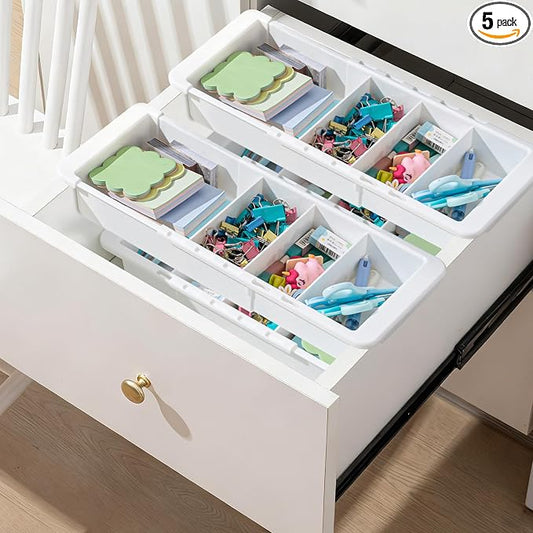 5 Pcs Expandable Drawer Organizer Bins Adjustable Deep Drawer Hanging Organizer Tray Expandable 11.4 to 18.1 Inches Plastic Dividers Storage for Office Bathroom Bedroom Kitchen Desk, White