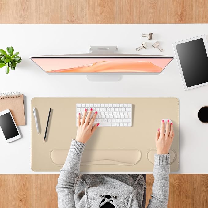 Beige Leather Desk Pad and Keyboard Wrist Rest, 27.6"x13.8" | 3in1 Mouse pad + Keyboard Wrist Rest + Mouse Wrist Rest, Non-Slip Waterproof Desk Writing Pad for Office and Home