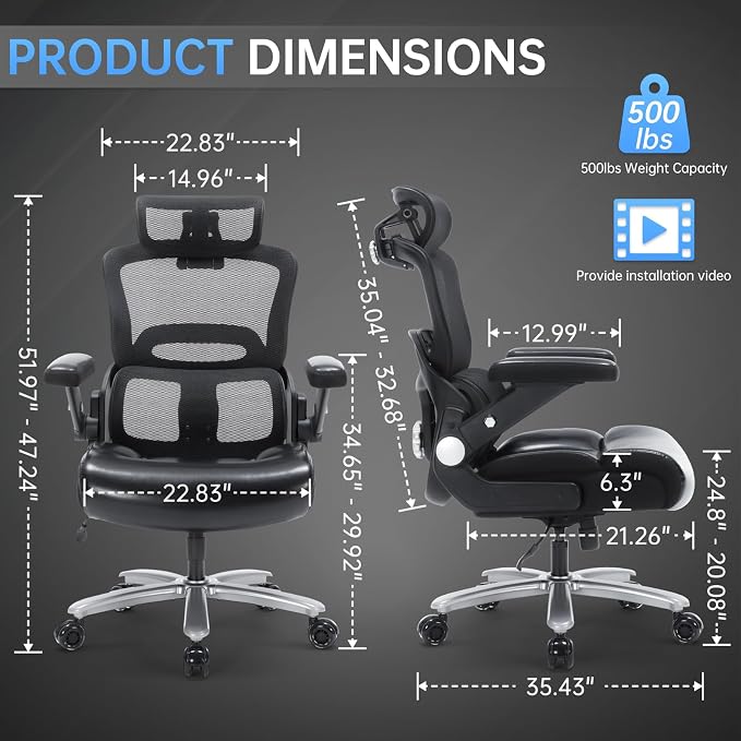 Big and Tall Office Chair 500lbs Heavy Duty Computer Desk Chair with Lumbar Support, Ergonomic Executive Office Chair with 3D Armrest and Wide Comfy Seat, Wheels for Adult