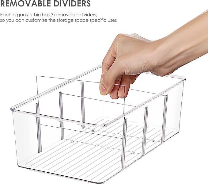 Vtopmart 8 Pack Food Storage Organizer Bins, Clear Plastic, 4 Compartments | For Pantry, Kitchen, Fridge and Cabinet Organization, Organize Food Packets, Snacks, Pouches and Spice Packets
