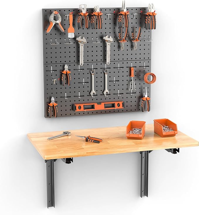 TORACK Wall Folding Workbench with Pegboard Kit, Space-Saving Collapsible Wall Table/Desk for Garage Workshop, Holds Up to 550 lbs(Board Size: 47.25 x 22.75 in)