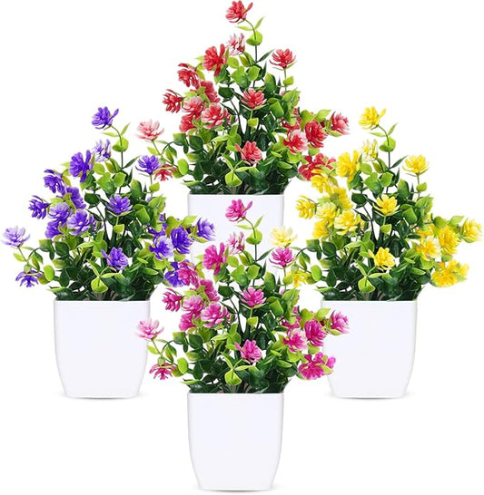 CEWOR Fake Flowers 4 Packs Artificial Plants Indoor Mini Eucalyptus Flowers Decorations for Spring Desk Wedding Bathroom Office Home Room Table Decor Indoor Outdoor