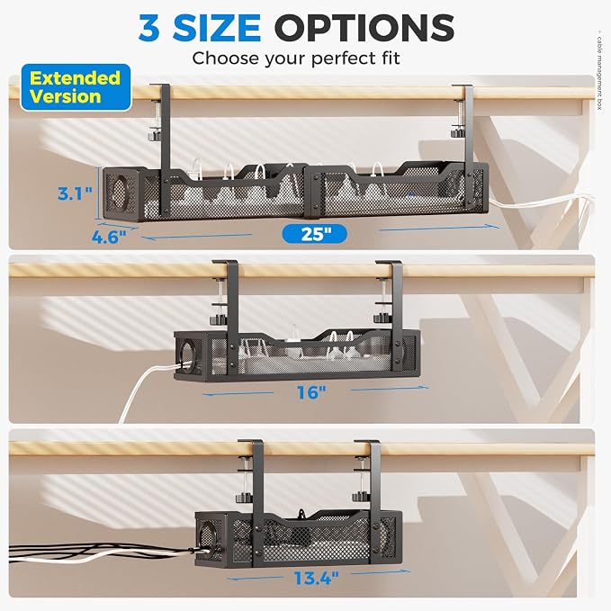 [Upgraded] 25" Extra Large Under Desk Cable Management, Cinati Wire Organizers No Drill, Cable Tray with Clamp for Wire Management, Cord Organization Box for Office, Home - No Damage to Desk(Black)