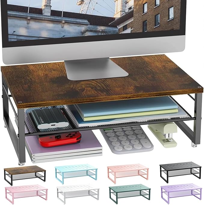 gianotter 2-Tier Metal Monitor Stand Riser, Desk Organizer for Monitor, Office Desk Storage Organizer for Office Supplies (Wood)
