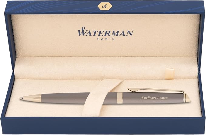 Waterman Hemisphere Engraved Ballpoint Pen, Metallic Grey with Gold Trim, Twist Action, Blue Ink, Personalized Gift for Executives, Retirement, Board Members, Career Advancement, Waterman Gift Box