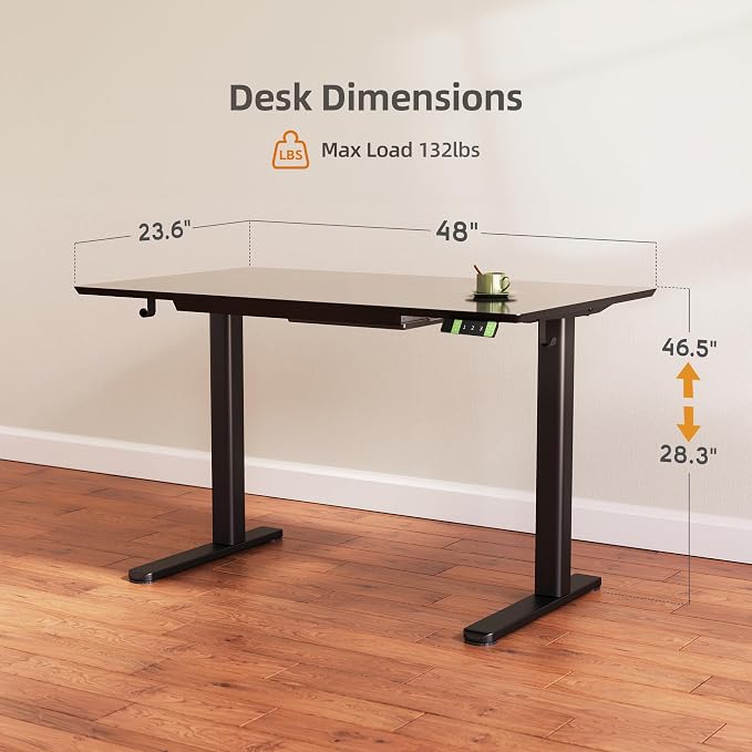 INNOVAR 48×24 Inch Black Glass Standing Desk with Drawers | Tempered Glass Top, Ergonomic, Adjustable Height, Stand Up Desk,4 Memory Presets
