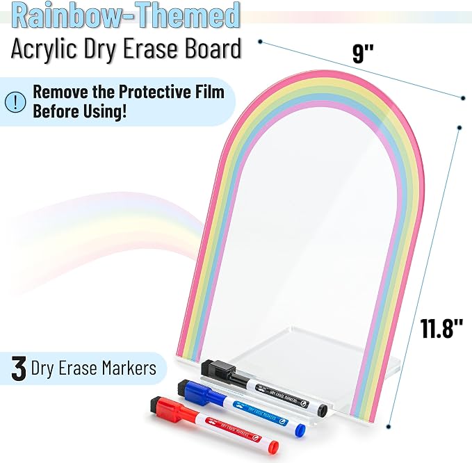 Mr. Pen- Clear Acrylic Board with Stand, 11.8" x 9", 3 Markers | Rainbow Theme, Clear Dry Erase Board for Desk