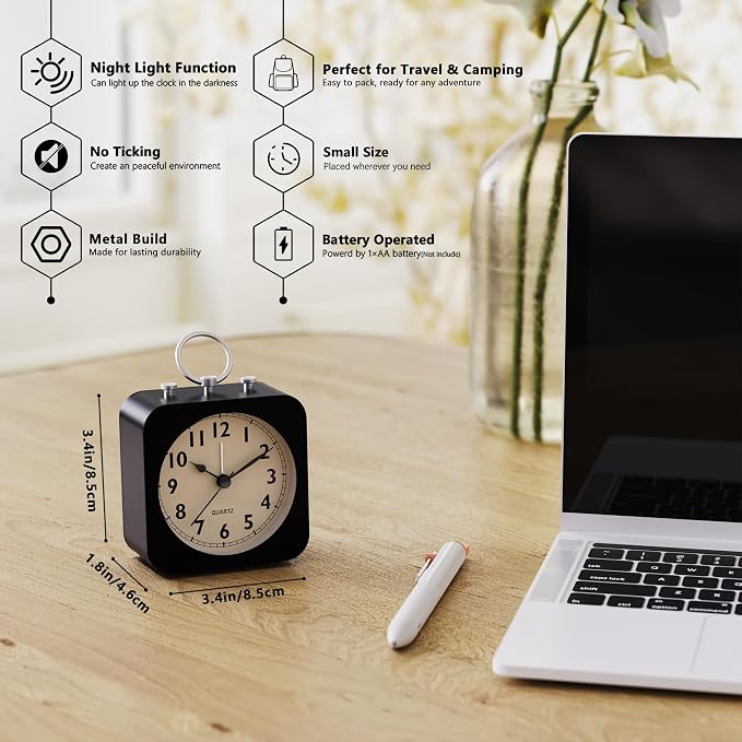 AYRELY® Small Metal Alarm Clock, Desk and Table Clock for Travel | Battery Operated Retro Silent Clock with Light for Bedroom, Bedside, Shelf and Living Room Decor (Black)