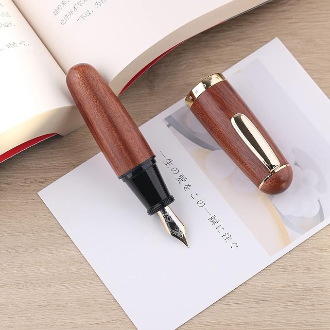 Majohn Q1 Fountain Pen Medium Nib Brown Wood, Little Fat Man Eyedropper Filling Pocket Pen Large Capacity