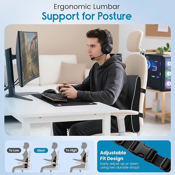 Lumbar Support Pillow for Office Chair and Car - Memory Foam Back Cushion with Breathable Mesh Cover & Dual Adjustable Straps for Back Pain Relief & Long Sitting - Full Back Support for Office Chair