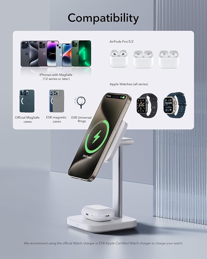ESR 2 in 1 Charging Station for Apple, MagSafe Charger Stand for iPhone [Certified], Magsafe Charging Station for Multiple Devices iPhone 17e/17/16/15/14/13/12, Apple Watch, & AirPods, White