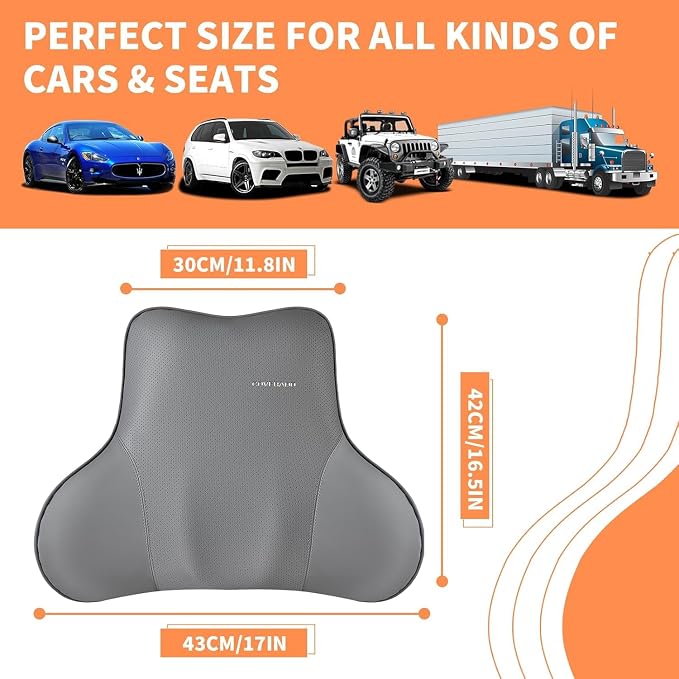 Coverado Lumbar Support Pillow for Car Seat Driver, Leather Car Seat Cushions for Driving Back Pain, Detachable Memory Foam Upper Lower Car Back Support Gray