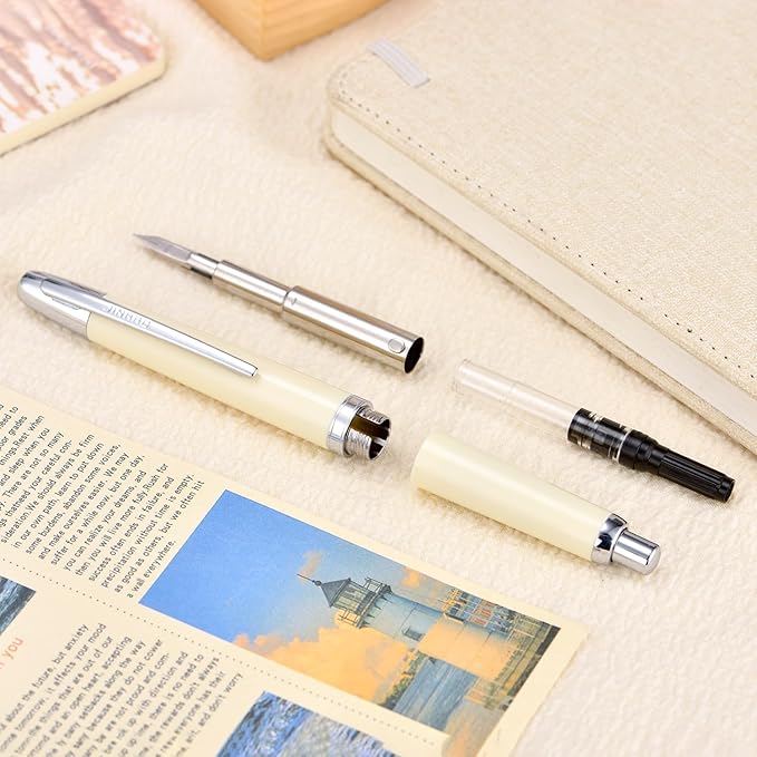 Jinhao 20 Press Fountain Pen, Ivory White Retractable Fine Nib with Ink Converter Set (Silver Clip)