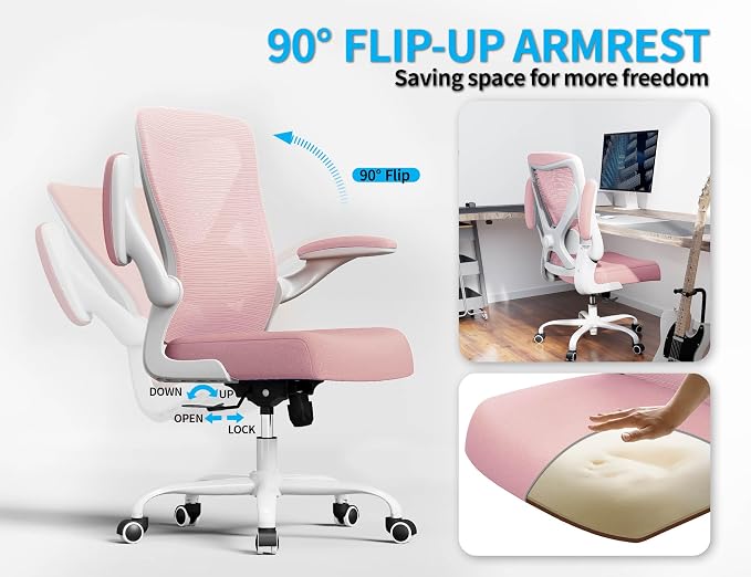 Office Chair Ergonomic Desk Chair Comfy: 330LBS Mesh Computer Chair Ergonomic Gaming Chairs with Wheels Adjustable Lumbar Support and Flip up Armrest-Swivel Executive Chairs Long Hours(Light Pink)