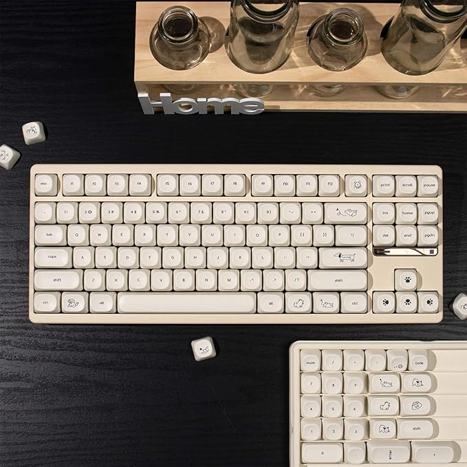 MOA Profile Cute Dog Keycaps, 124 Keys PBT Keycaps Set, Minimalist White Keyboard Caps, Custom Dye Sublimation Key Caps for 61/64/68/84/87/100/104/108 Cherry MX Mechanical Keyboards