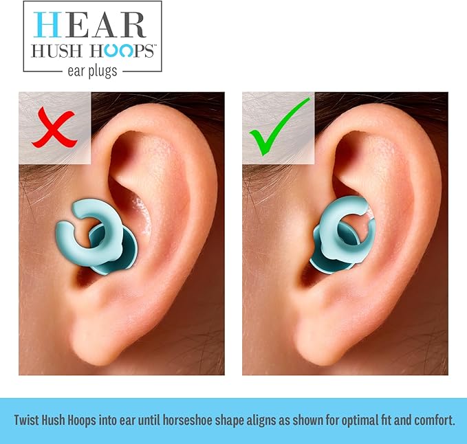 Hush Hoops Ear Plugs, Ultra-Soft Reusable Noise Reducing Earplugs with Horseshoe Shape for Comfort, 4 Tip Sizes for Customizable Fit, 17dB (NRR) Noise Reduction Rating, Teal, 1 Pair with Travel Case