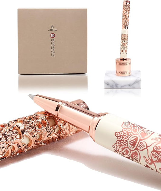 ARTEX Executive Rollerball Pen Sets With Stand-Museum Collections-Crafting Timeless Beauty-Luxury Pen Gift & Office Desk Decor, German SCHMIDT refill, Solid Metal & Marble Texture