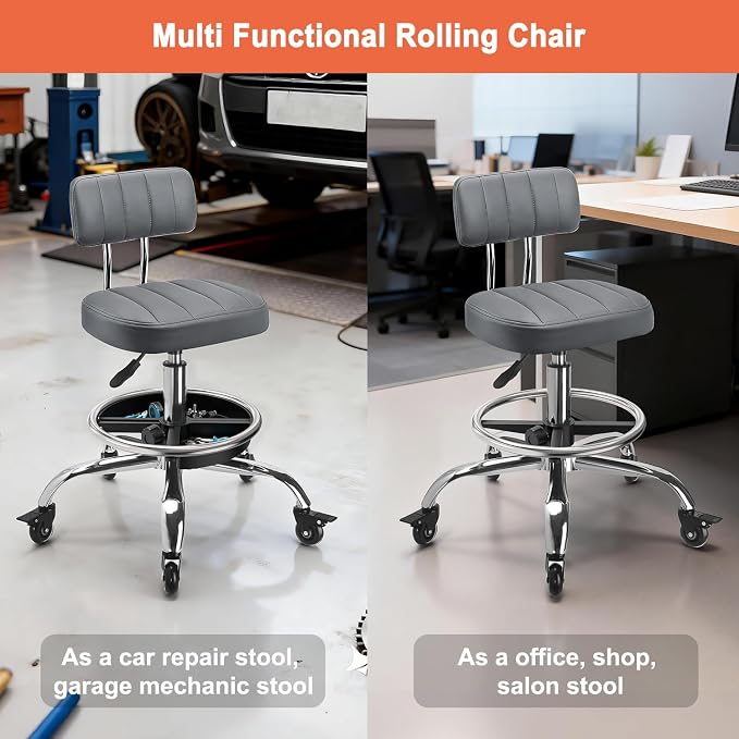 Garage Mechanic Stool with Backrest, Height Adjustable Heavy Duty Swivel Task Chair, Rolling Workshop Stool with Tool Tray Storage, Mechanic Chair for Garage, Shop, Auto Repair (Grey)