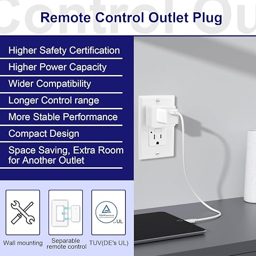 Remote Switch Outlet, GreenCyle 4 Outlet Plug with Remote, Wireless On/Off Light Switch Wall Mounted, 15A/1500W, TUV Listed, No Wiring Needed, 500ft RF Range, for Lamps, Fans, Household Appliances