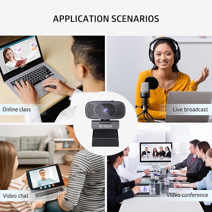 TOALLIN 1080P FHD Auto-Focus Webcam with Dual Microphones, Computer Web Camera, 90° Wide Angle, Privacy Shutter, USB Webcam for Video Calls