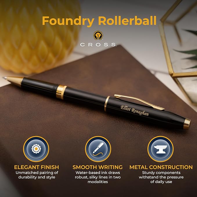 Personalized Cross Foundry Rollerball Pen | Engraved Black Lacquer with PVD Gold Trim and Gel Ink | Custom Cross Rollerball for Board Recognition, Corporate Milestones, and Career Advancement