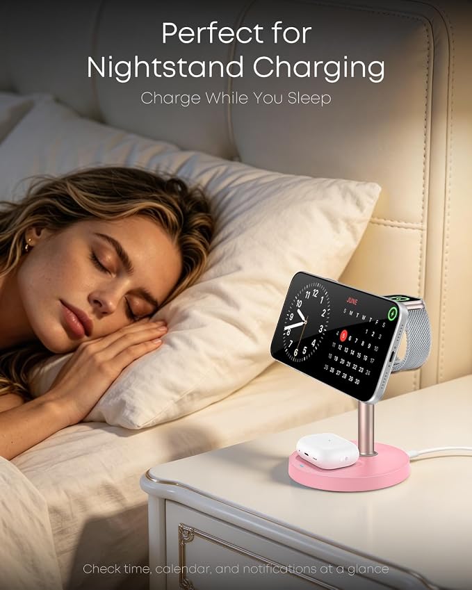 3 in 1 Magnetic Wireless Charging Station, 15W Charger for iPhone, Pink | Compatible with iPhone 12-17 Series, Apple Watch & AirPods, Charges 3 Devices Together, 18W Adapter Included, 3-Year Warranty