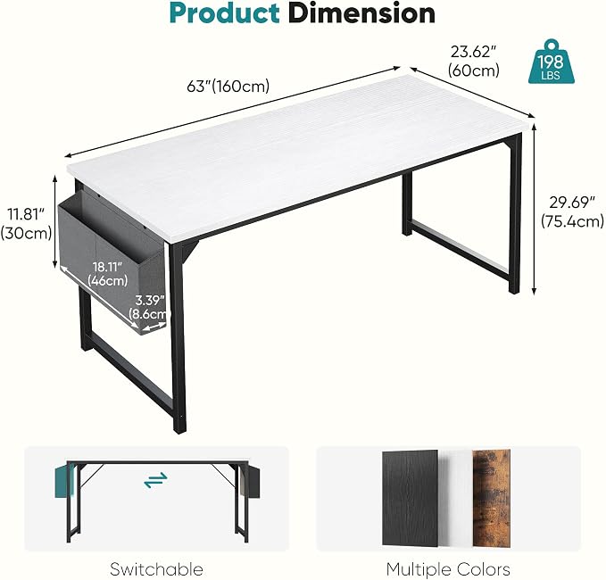 OLIXIS 63 Inch Computer Desk for Home Office, Writing Study Craft Gaming Table, Modern Computer Workstation with Storage Bag for Bedroom Small Spaces, White