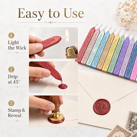 12 Pieces Sealing Wax Sticks with Wicks for Letter Seal Wax Stamp,Wedding Invitations, Packaging Decoration,Christmas Gift Ideas (Color A)