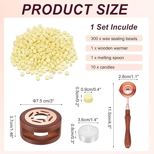 PATIKIL Wax Seal Kit, 300 Pcs Wax Sealing Beads, Wooden Warmer, Melted Spoon, 10 Pcs Tealight Candles for Envelope Letter Mailing Crafts DIY, Light Yellow