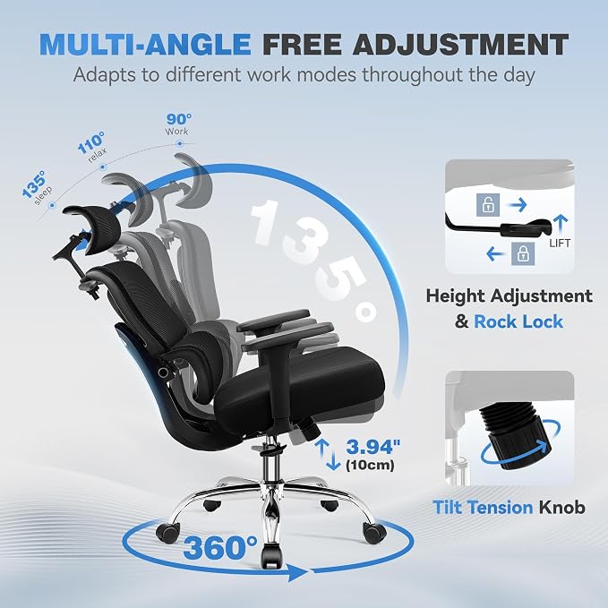 Ergonomic Desk Chair, Breathable Mesh Office Chair for Long Hours, 4 Pack | Adjustable Lumbar Support for Back Pain Relief, 4.33'' Thick Foam Cushion, 3D Headrest, Computer Chair for Home Office, Black