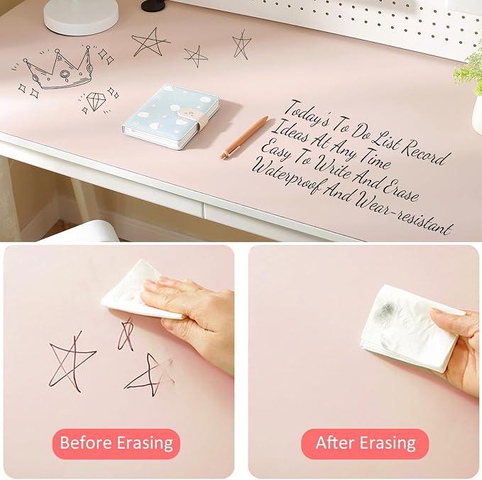 Dry Erase Desk Mat for Making Plans,27.5"x13.8" Writable & Erasable Desk Mouse Pad with 2 Markers & 2 Cloths,Waterproof Writing Desk Pad for Office Home School (Pale Pink)