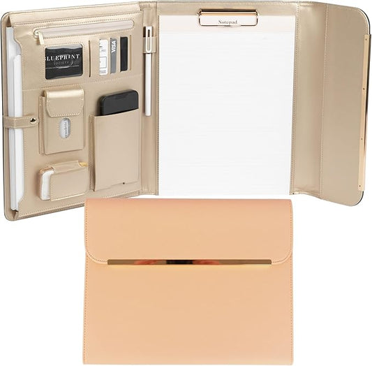 BLU MONACO | Peach Beige Vegan Leather Padfolio | Professional Portfolio Binder with Magnetic Closure and Gold Trim | 8.5 x 11 Business Organizer Case for Women