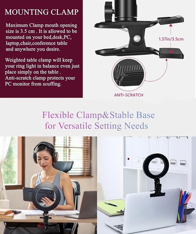 6.3" Ring Light with Clamp Mount for Laptop,Webcam Light with 3 Light Modes&10 Level Dimmable for Laptop/PC Monitor/Desk/Bed/Office/Makeup/YouTube/TIK Tok