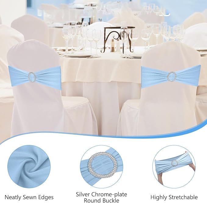 Tvoip 10PCS Chair Cover Stretch Band with Buckle Slider Sashes Bow Wedding Banquet Chair Decoration (Light Blue)